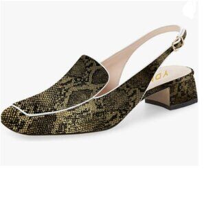YDN Black Snake Closed Square Toe Block Low Heels Slingback Formal Pump